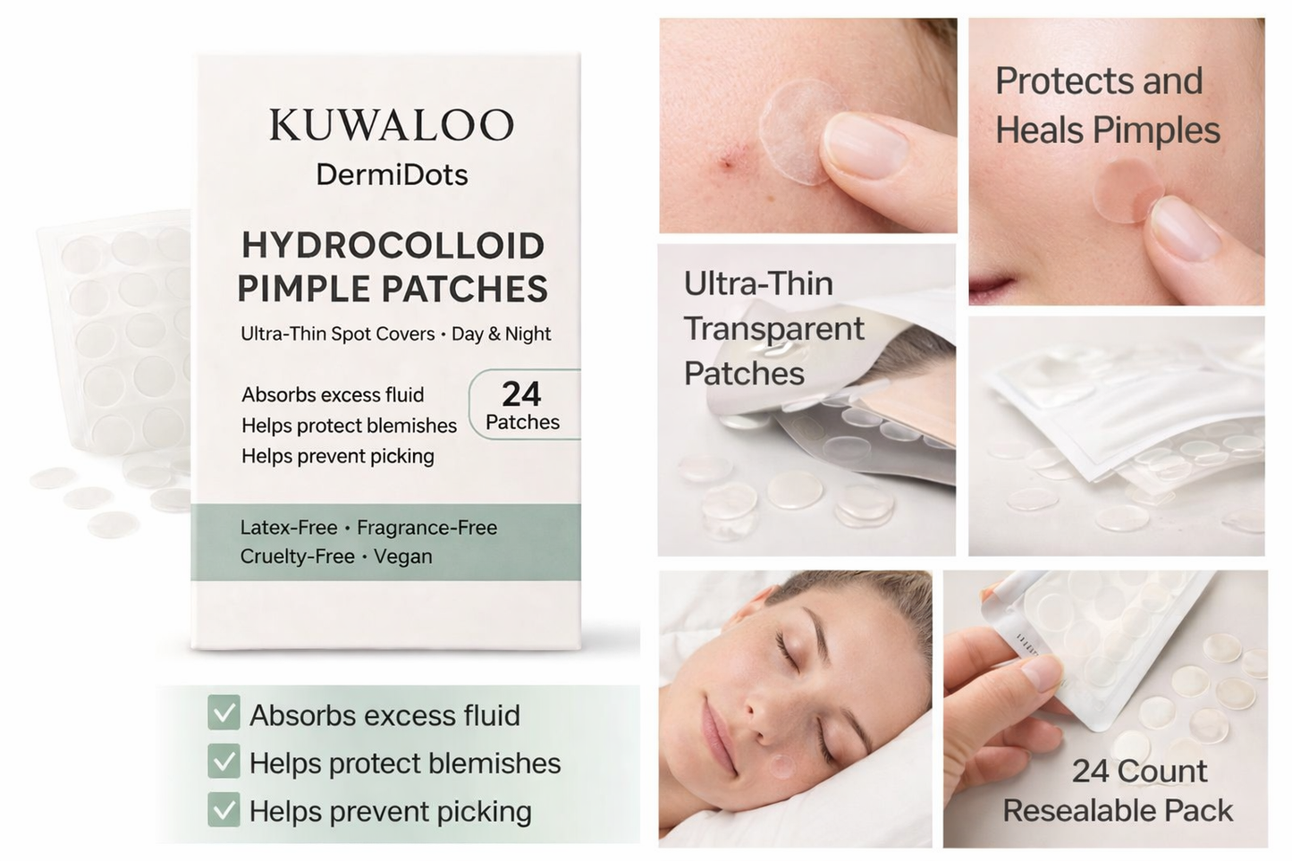 Kuwaloo DermiDots Hydrocolloid Spot Patches 24 Count